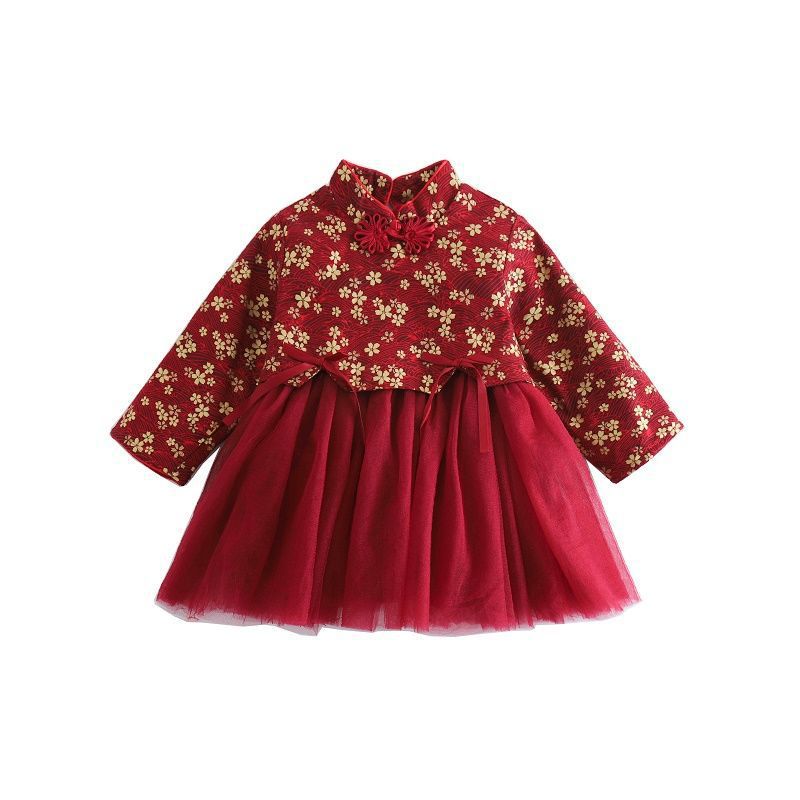 New Year's Greetings Clothes for Girls 1-8 Years Old, Autumn and Winter Dresses, Kidsren's Velvet Skirts, Han Dynasty Winter Girls' Cheongsam Skirts