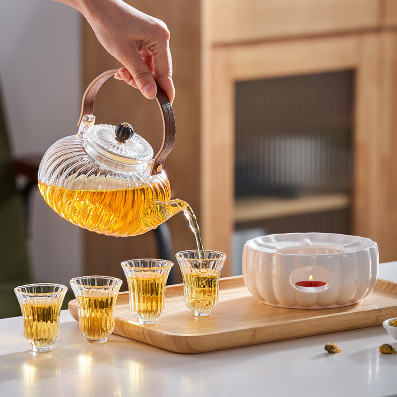 Candle Heated Insulated Flower Teapot Set Glass Fruit Tea Set Beauty Salon Boiled Herbal Tea Glass Pot Cup