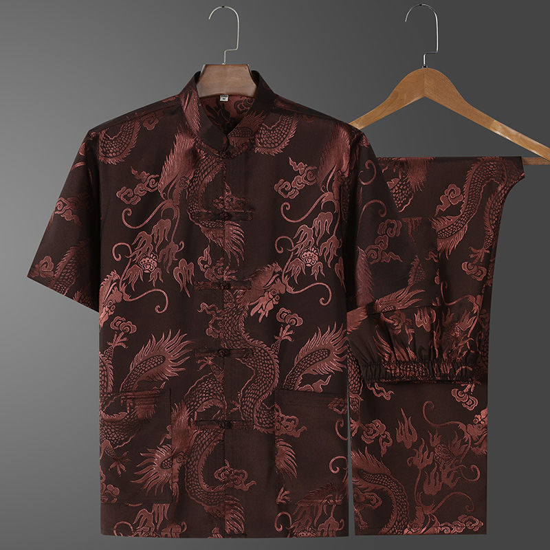 Ice Silk Tang Suit for Middle-Aged and Elderly Men, Short-Sleeved Shirt Suit, Casual Grandpa Summer Dress, Chinese Style Plus Size Dad Han Dynasty