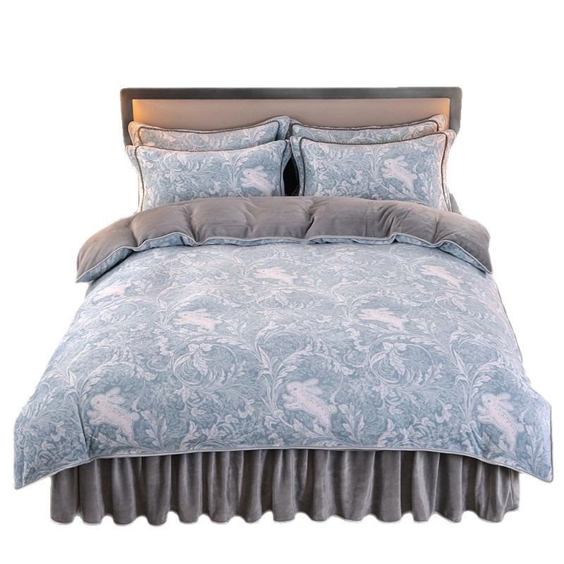 Trendy Live-Stream Popular Milk Velvet Four-Piece Set, Warm and Thickened Gold Mink Velvet Bedding Set with Bed Skirt for Winter