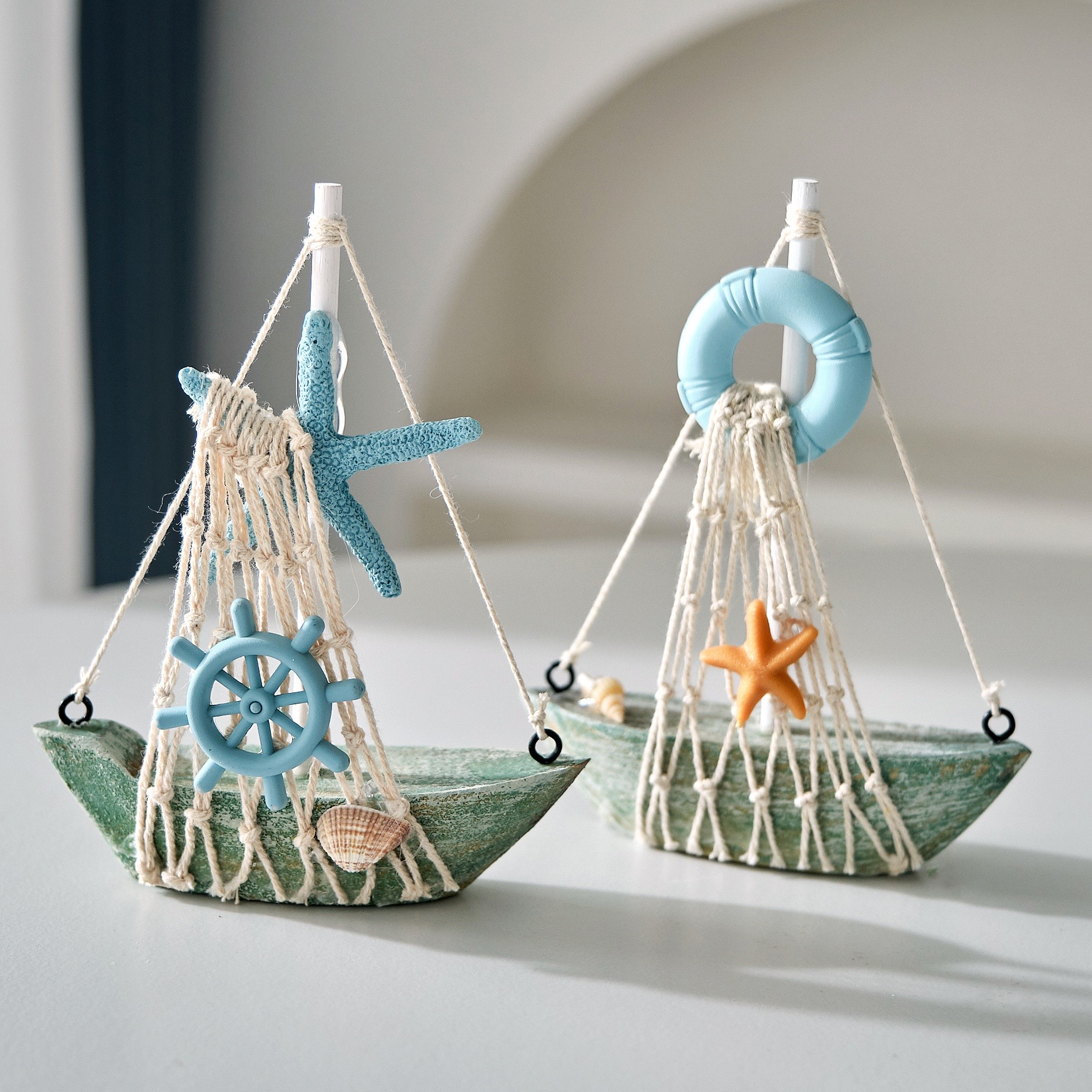 Mediterranean Style Retro Wooden Sailboat Iron Anchor Helmsman Boat Starfish Lifebuoy Boat Model Ornaments Decoration