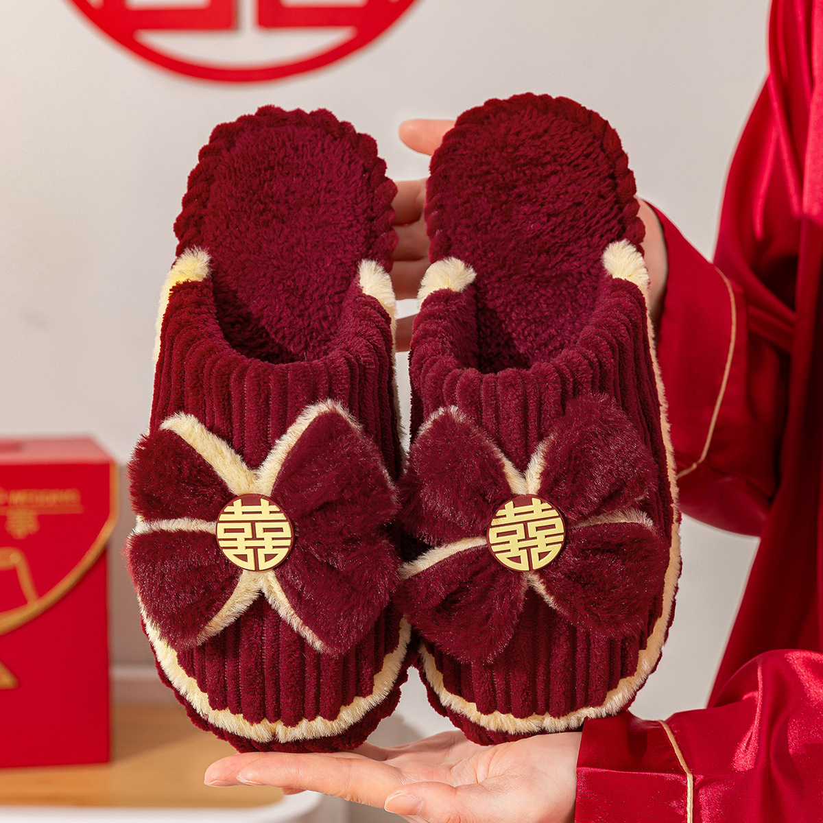 Cotton Slippers Wedding Pair of Women Autumn and Winter 2025 New Festive Accompanying Wedding Pajamas Couple Red Wedding Shoes QL