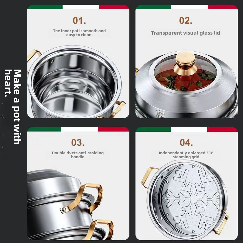 Steamer 316 Stainless Steel Household Food Grade 304 Thickeneded Soup Pot Steamed Buns Double Layer Three or Four Layers Induction Cooker Universal