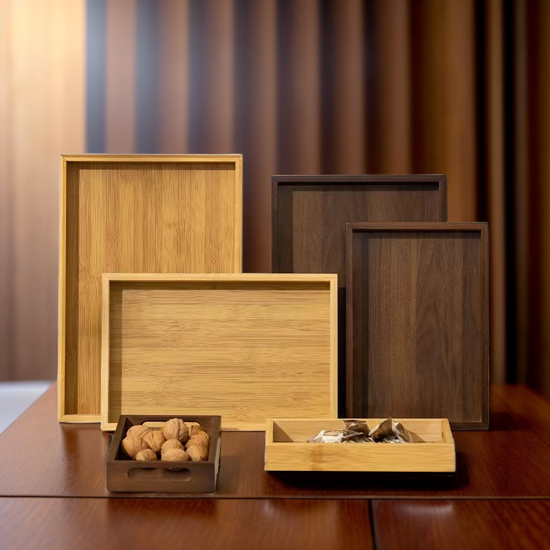 Бамбуковый поднос с ручкой цвета ореха, прямоугольный, для хранения