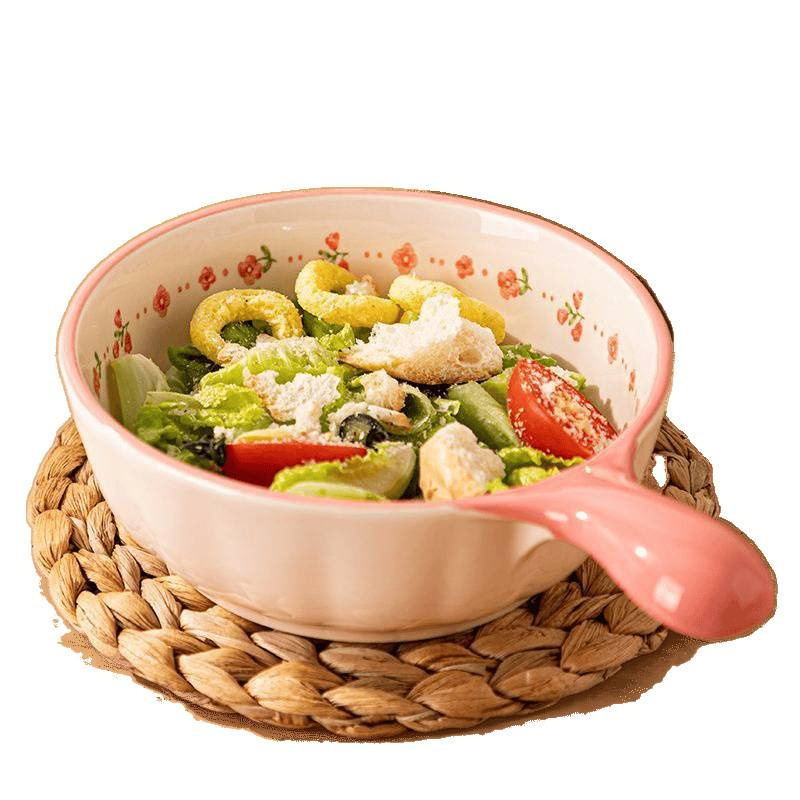 High-Looking Handle Bowl, Ceramic Baking Bowl, Particularly Beautiful Rice Bowl, Household Fruit Salad Bowl, Underglaze Color Instant Noodle Bowl