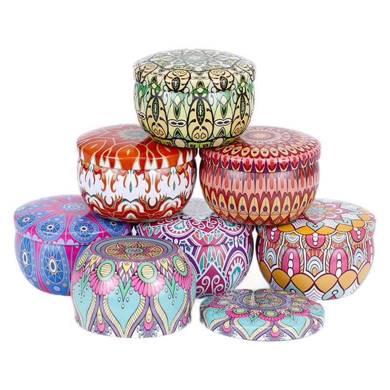 2.2oz Amazon Cross-border Retro Tinplate Ethnic Style Mandala Aromatherapy Candle Jar Box Pear Cream Candy