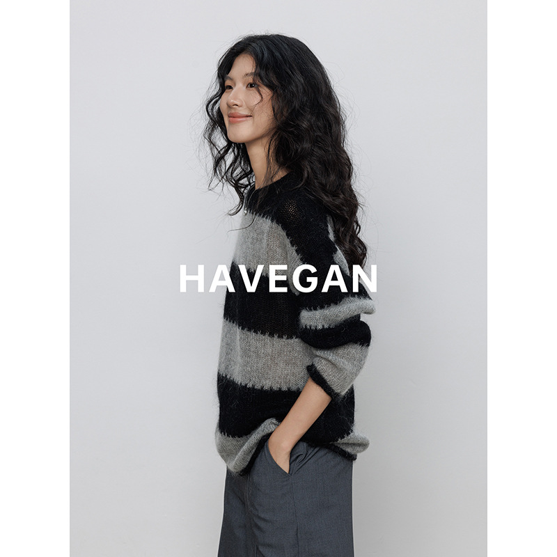 Havegan осенний свитер с круглым вырезом, длинный рукав, широкие полосы, женский, мохеровый, повседневный топ