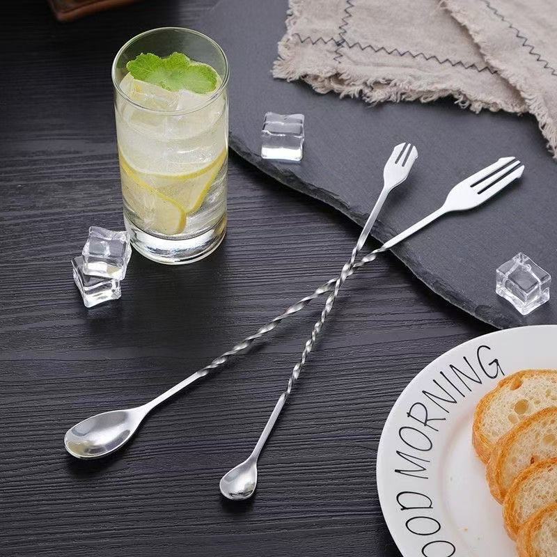 410 Thickeneded Stainless Steel Spiral Long Handle Spoon Bartending Tool Stirring Stick Long Handle Commercial Bar Spoon Milk Tea Spoon