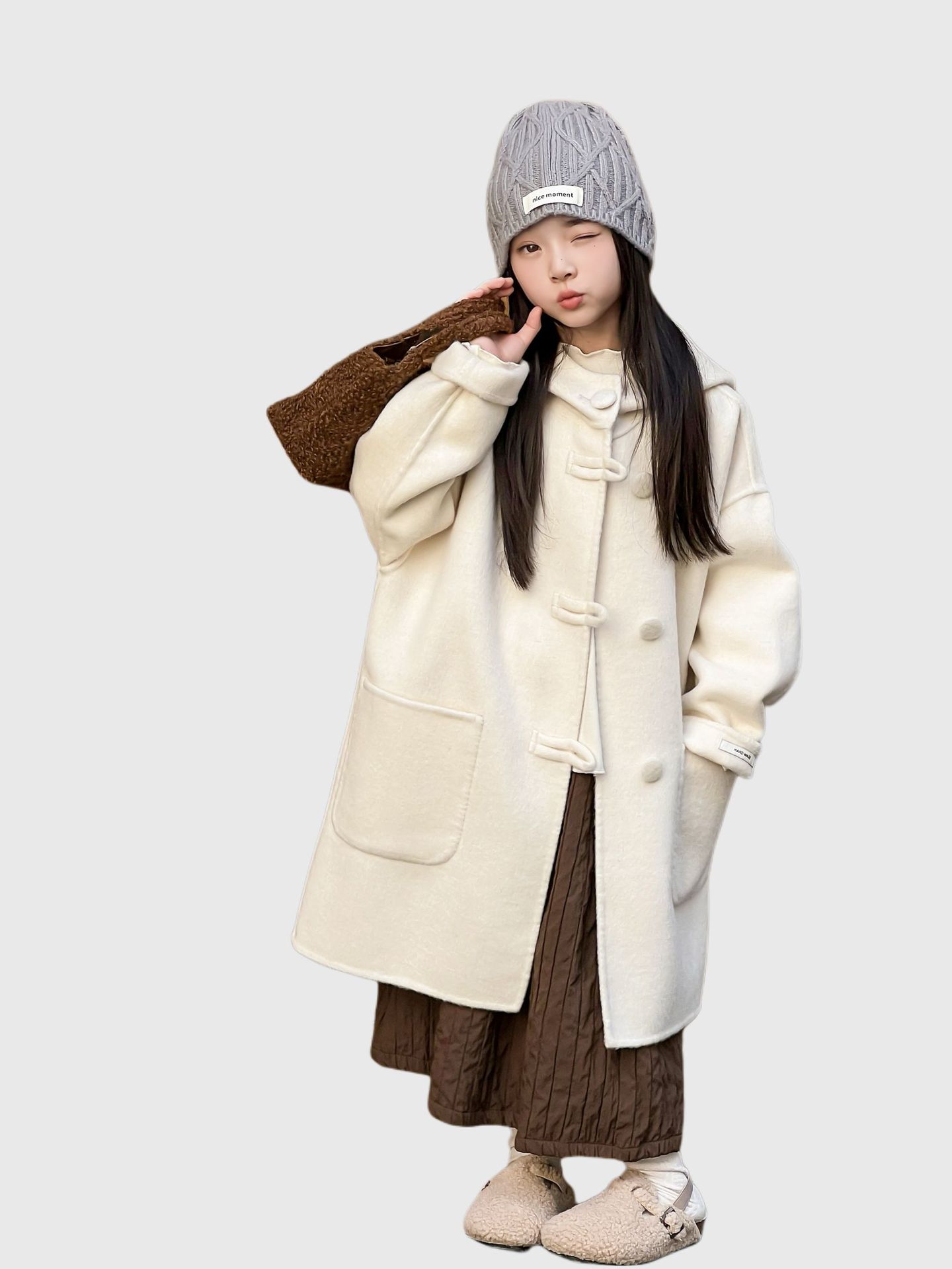 2025 New Autumn and Winter Kidsren's Double-Sided Cashmere Outwear Girls' Medium and Large Kidsren's Woolen Outwear Thick Mid-Length