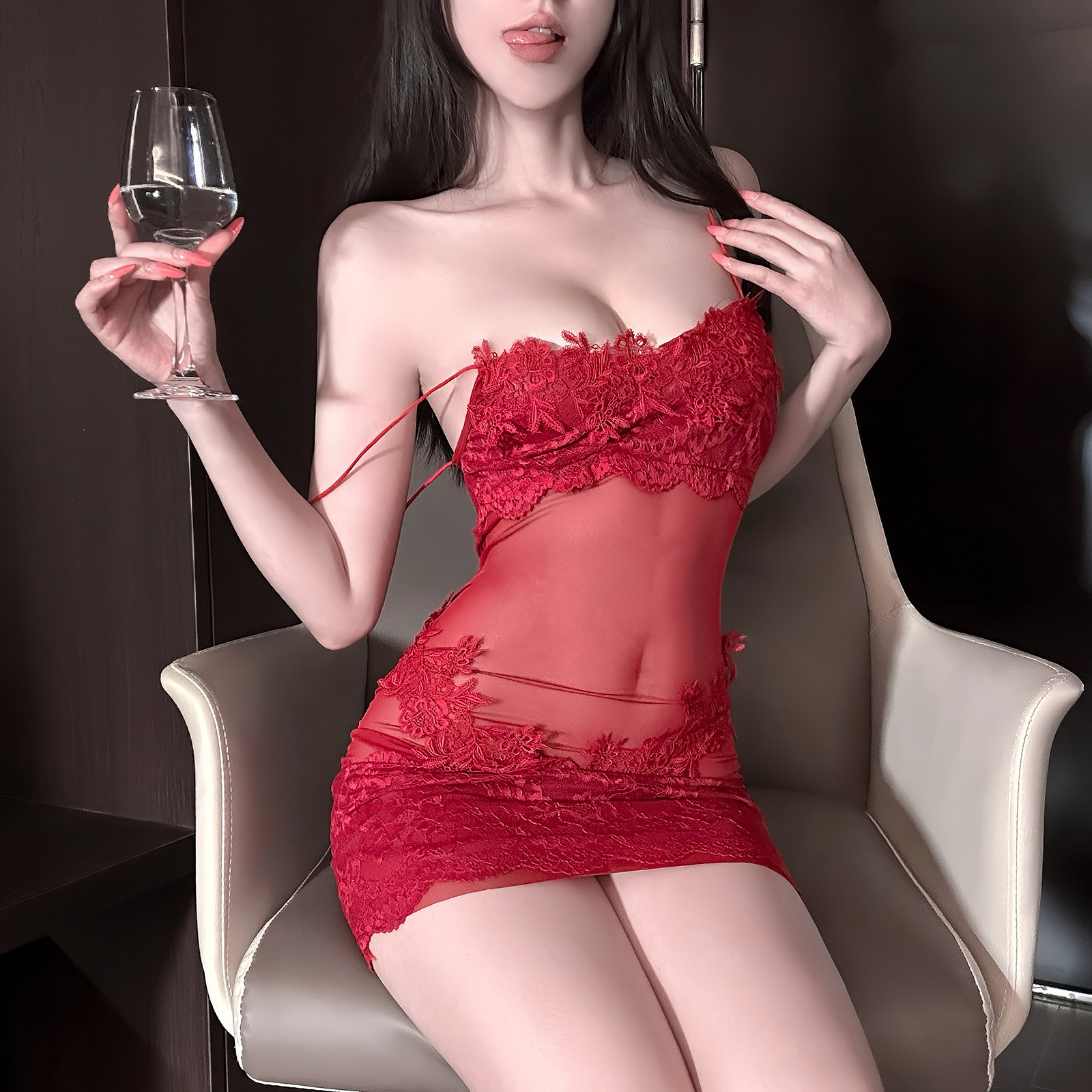 Luxurious Lingerie with French-Style Sheer Lace and Mesh, Sexy Camisole Nightdress