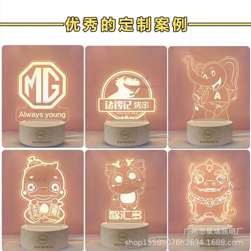 Customized Acrylic Night Light with Pictures, Luminous Solid Wood Desktop Ornaments, Holiday Souvenirs, Gifts, Business Souvenirs