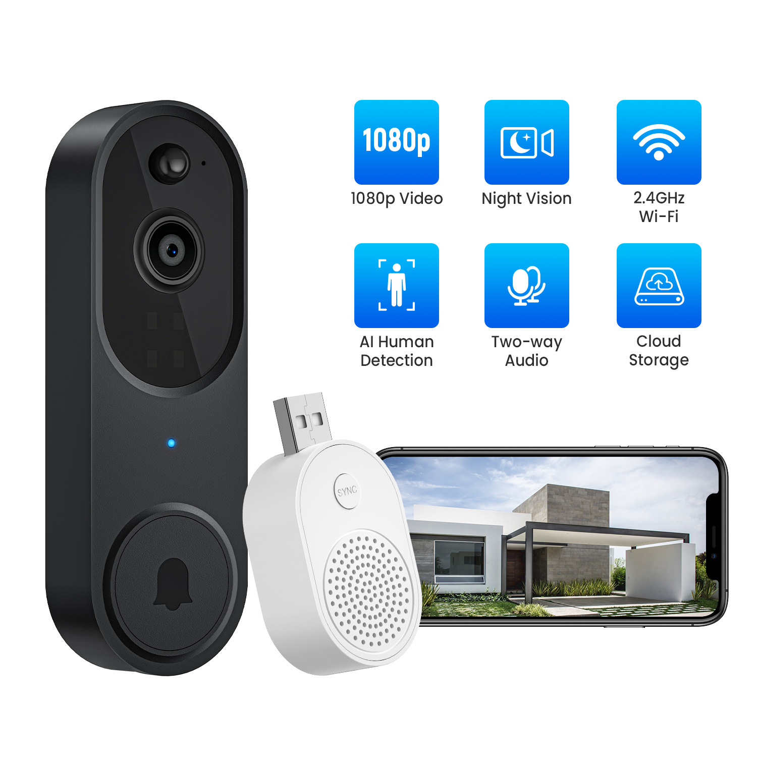 Cross-Border Popular Smart Doorbell, Video Doorbell, Wireless Doorbell, Smart Home Security Surveillance Camera for Home Use