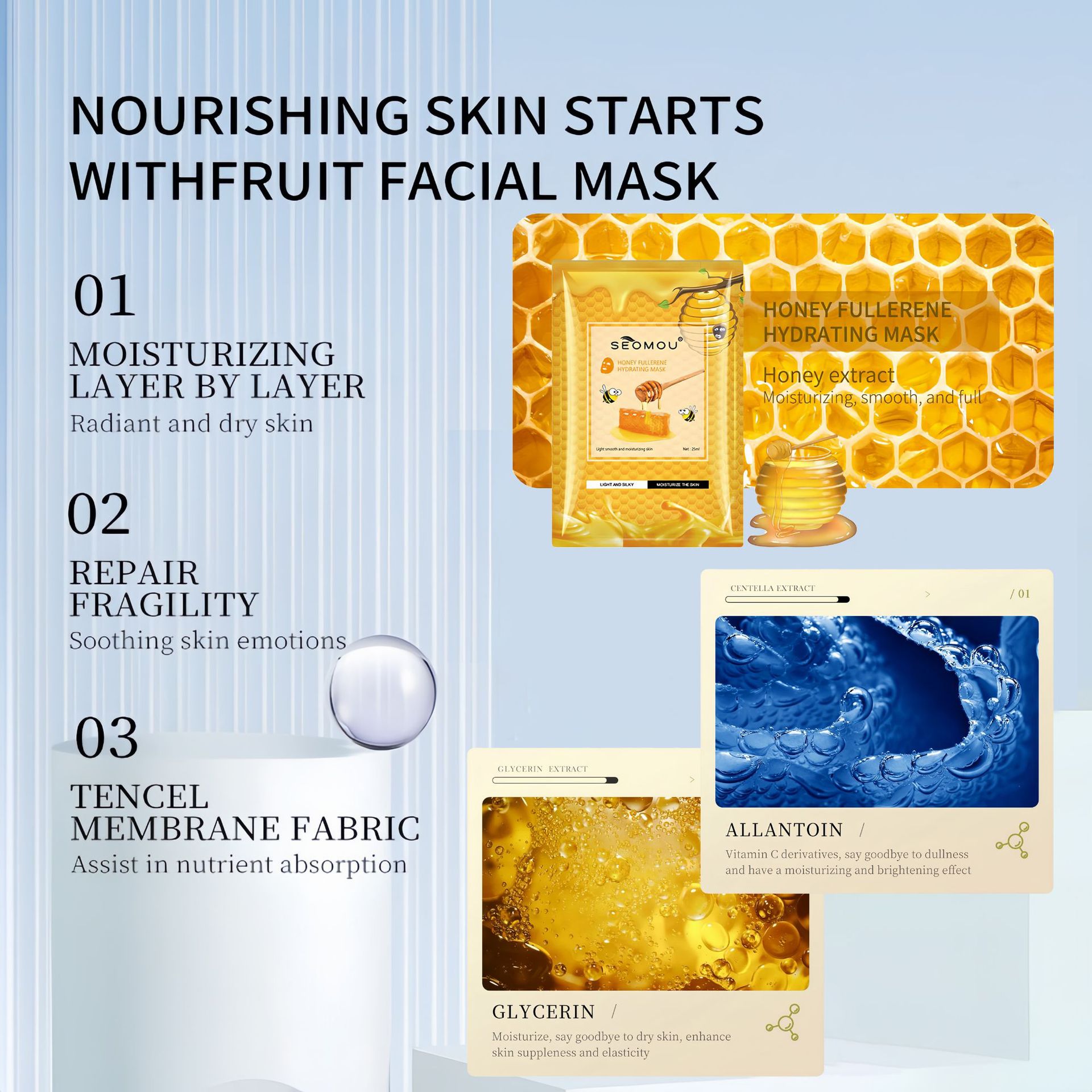 Sheet Honey Mask Moisturizing, Hydrating, Soothing and Moisturizing Mask Hyaluronic Acid Mask Full English Cross-Border Wholesale