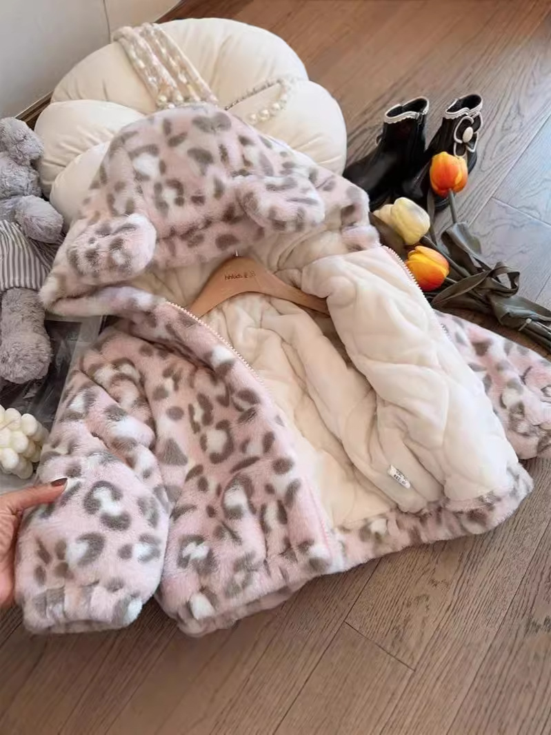 Girls' 2025 Autumn and Winter New Children's Winter Cotton-padded Coat Contrast Color Leopard fleece-lined Thickened Baby Hooded Jacket