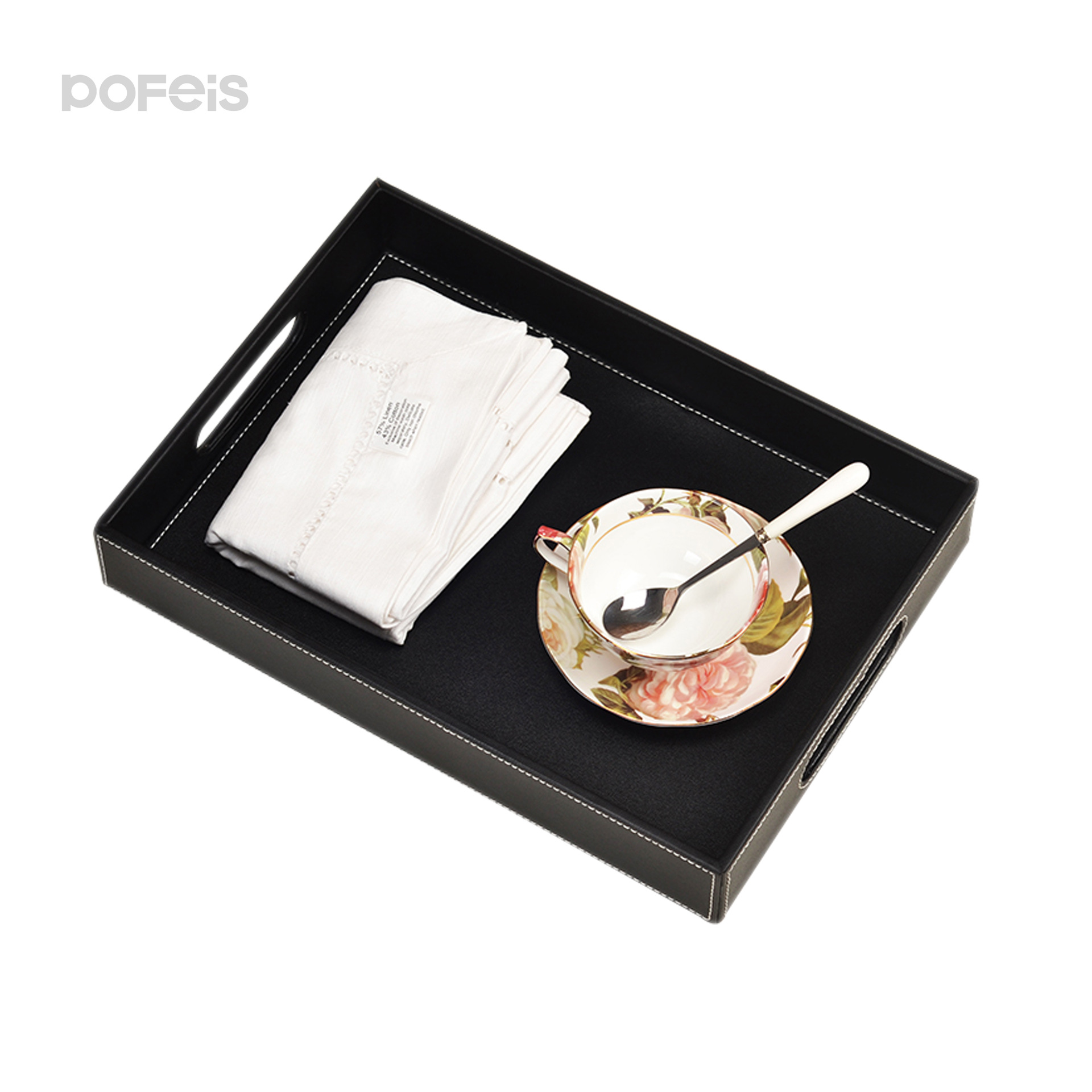 Hotel Large Black Leather Tea Set Tray Guest Room Desktop Leather Storage Tray Logo Leather Tray