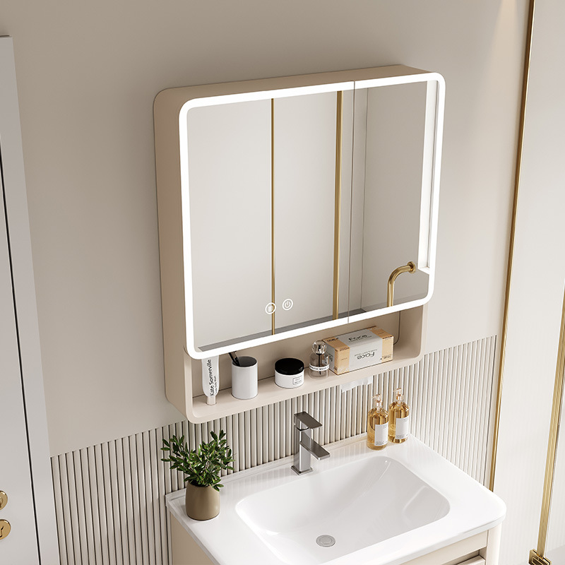Space Aluminum Arc Intelligent Bathroom Mirror Cabinet with Lamp Bathroom Wall-mounted Storage Rack with Beauty Makeup Open Storage