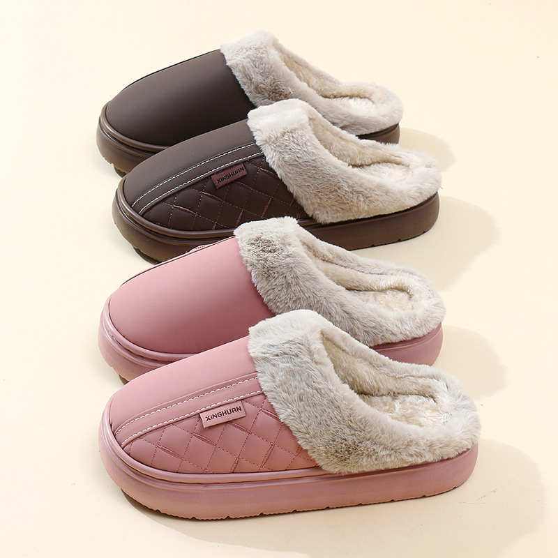 Waterproof Cotton Slippers for Men and Women Winter 2025 New Indoor Home Household Non-Slip Thick Sole Warm Plush Cotton Slippers