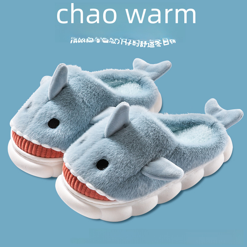 Cotton slippers women's winter Internet celebrity Three-dimensional shark cartoon cute fleece-lined thick non-slip mute home warm cotton shoes