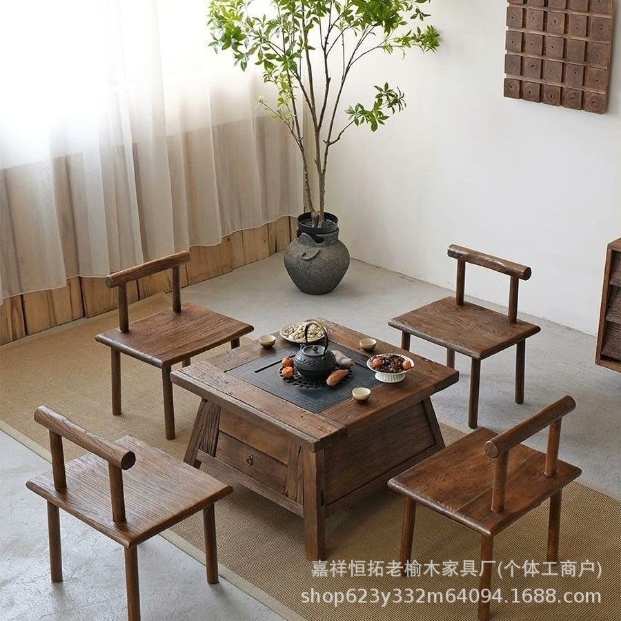 Чайный стол в стиле ваби-саби с плитой для уличного двора, угольная печь из массива дерева для проживания, барбекю, стол для горячего котла, квадратный стол из старого пня