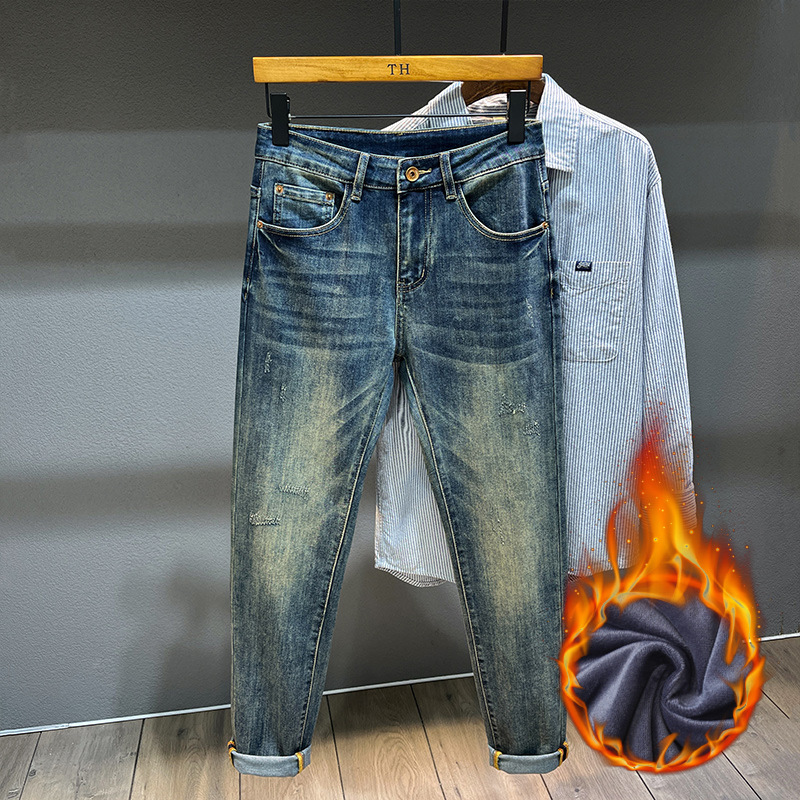 Winter Trendy Brand Fleece-Lined Jeans for Men 2025 Autumn and Winter Fashion Simple Straight-Leg Casual Versatile Warm Long Pants