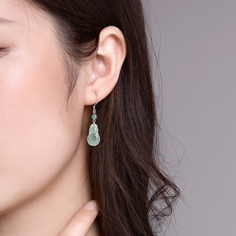 High-grade natural A goods jade blue water gourd earrings S925 silver ice jade stone fashion women's earrings earrings