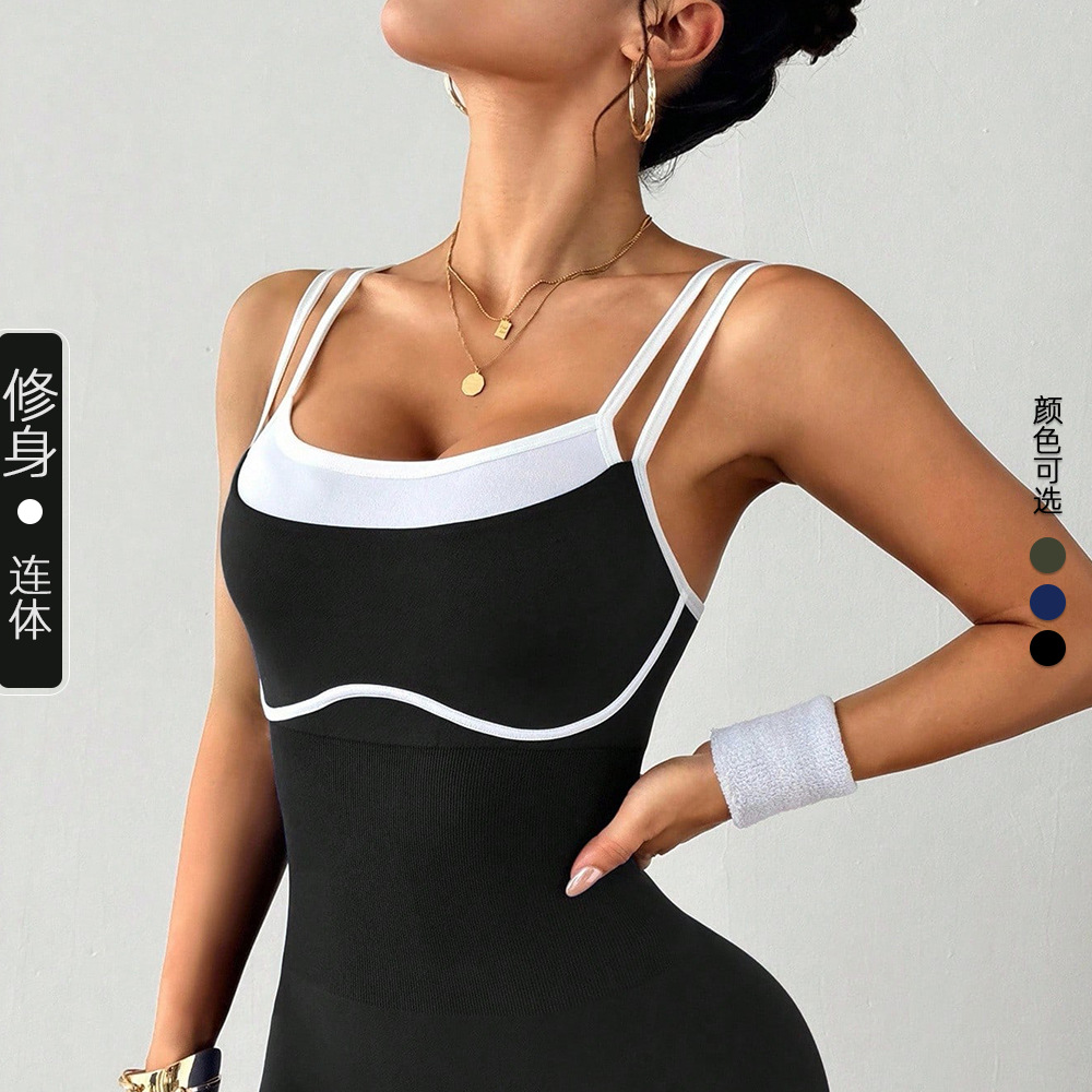 Cross-Border Exclusive European and American Elastic Tight-Fitting Cross-Back Women's Color-Blocking High-Intensity Sports Anti-Exposure Yoga Bodysuit