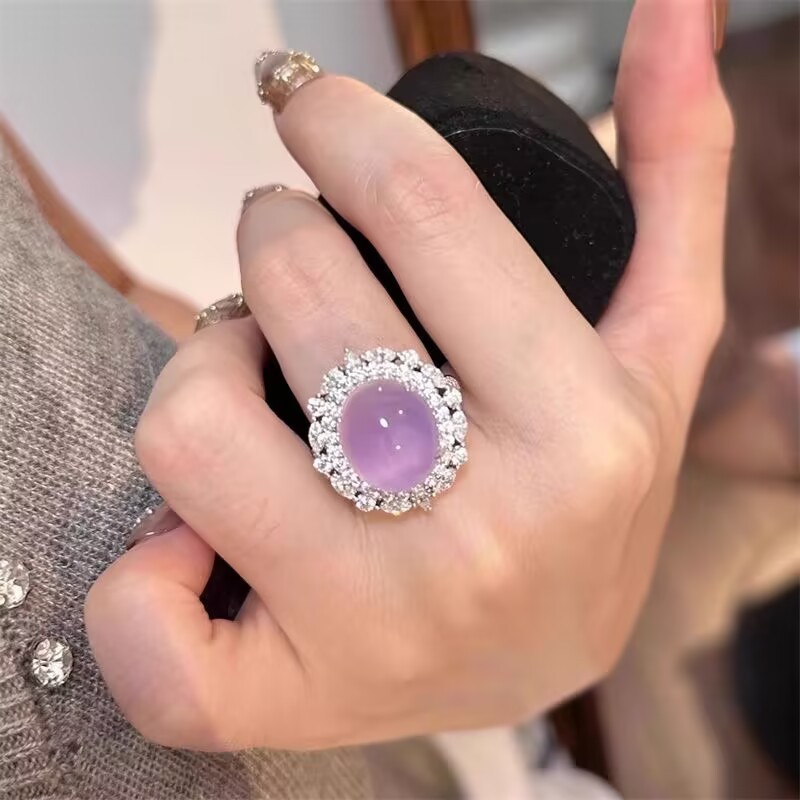 Wholesale Silver Plated Inlaid Luxury Ice Green Chalcedony New Chinese Ring Powder Agate Open Ring Women Live Supply