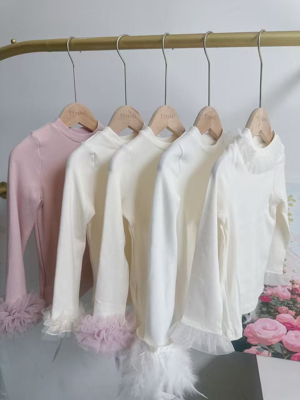 Yybr Original Design Girls Long-Sleeved T-Shirt Pure Cotton Mesh Bottoming Autum Sweet and Cute Feather Bottoming Shirt