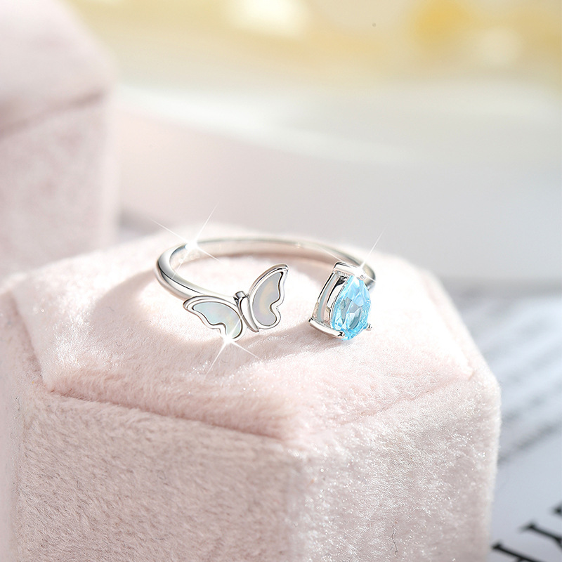 New Chinese-Style Mother-Of-Pearl Butterfly Ring Niche Natural Crystal Stone S925 Sterling Silver Adjustable Versatile Ring