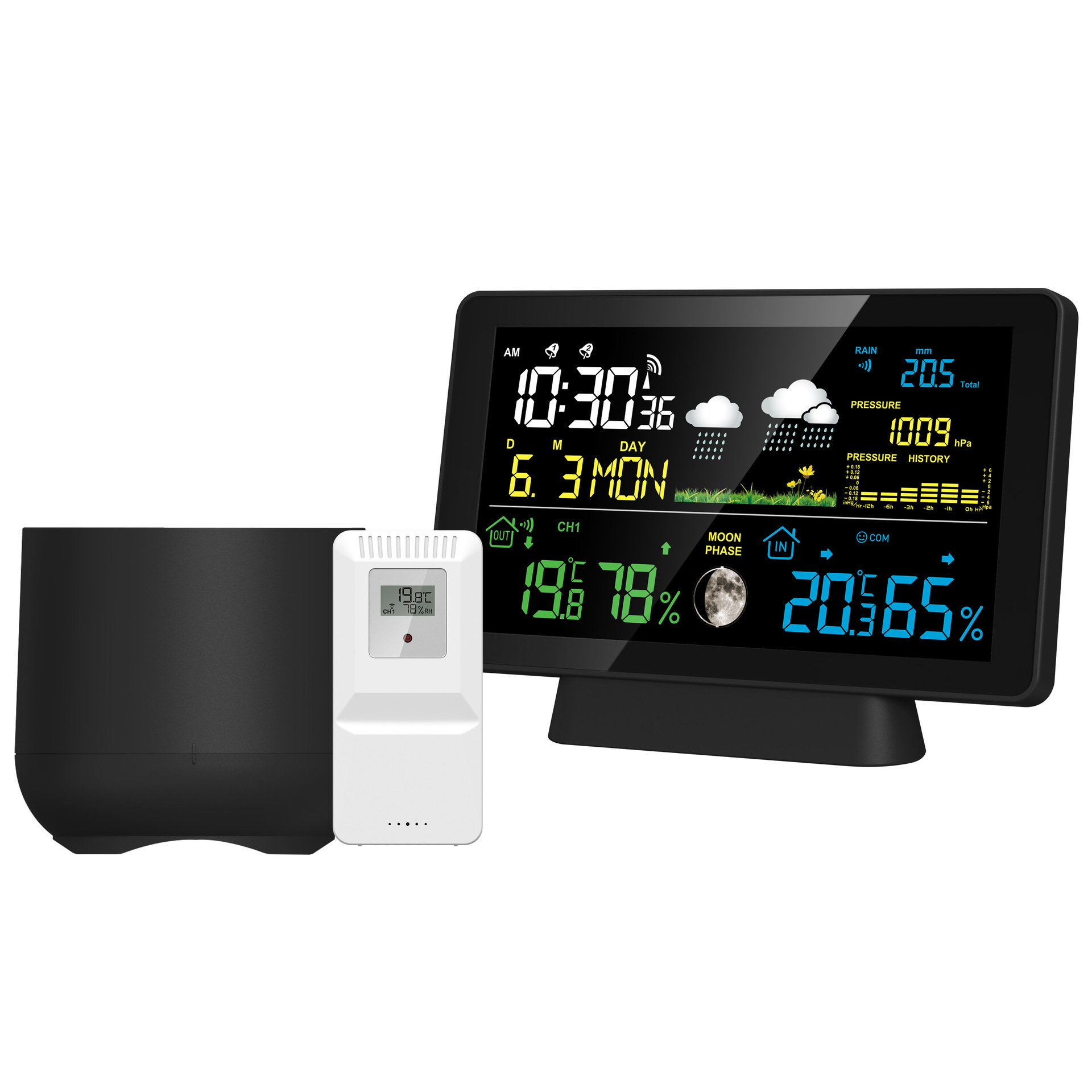 7.5inch Va Color Screen Indoor and Outdoor Temperature and Hygrometer Perpetual Calendar Dcf Radio Weather Forecast Weather Station Rain Gauge