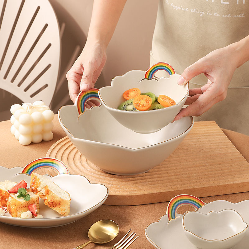 Rainbow Bowl Cloud Creative Breakfast Plate Fruit Salad Bowl Special-Shaped Plate Tableware Accessible Luxury Exquisite Dish Chopsticks Soup Bowl Set