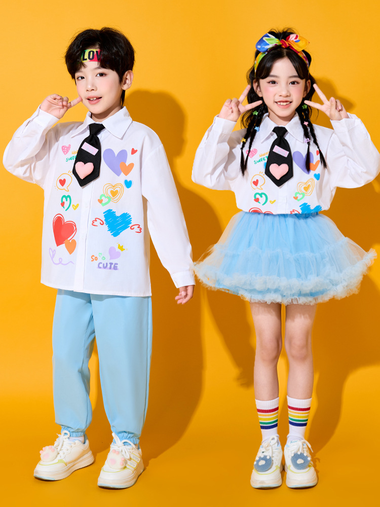 Children's Cheerleading Costumes, Primary School Students' Sports Meeting Uniforms, Heart Long-Sleeved Shirts, Kindergarten Chorus Performance Costumes