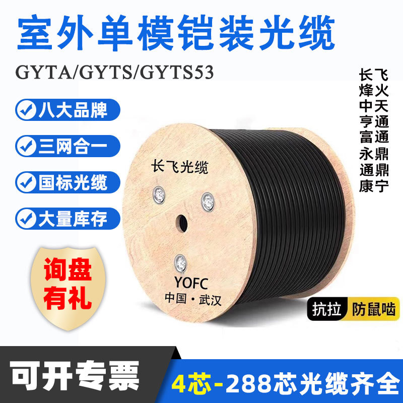 Оптоволоконный кабель Gyts24B1 для наружного применения, одномодовый, с 48 ядрами, для прямого закапывания, двойная оболочка, огнестойкий, бронеоболоченный, Fiberhome Changfei Zhongtian
