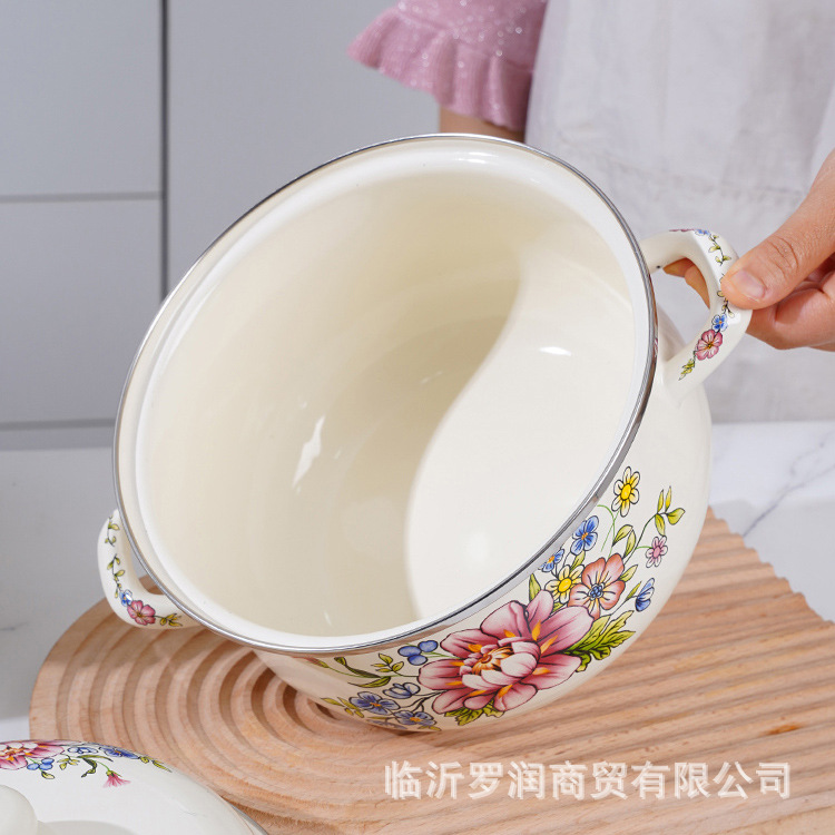 Enamel Binaural Soup Pot Old-fashioned Enamel Enamel Sauce Pot Sauce Pot with Lid Soup Noodle Bowl Pig Meat Oil Pot Small Pot