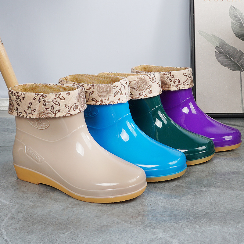 Women's Short Rain Boots Spring and Autumn Casual Korean Style Cotton Warm-keeping Removable and Washable Car Kitchen Thick Bottom Shallow Mouth Low-top Water Boots for Women