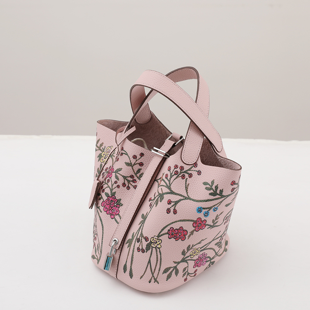 Top Layer Togo Cowhide Painted Vegetable Basket Women's Handbag Genuine Leather Leaf Women's Bucket Bag