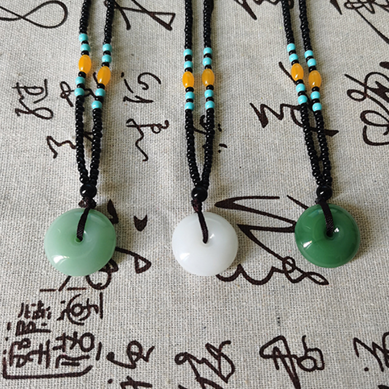 Imitation Jade Ping An Buckle Woolen Chain Jade Necklace Pendant Ethnic Style Long Simple Hanging Chain Jewelry Female Live Gift