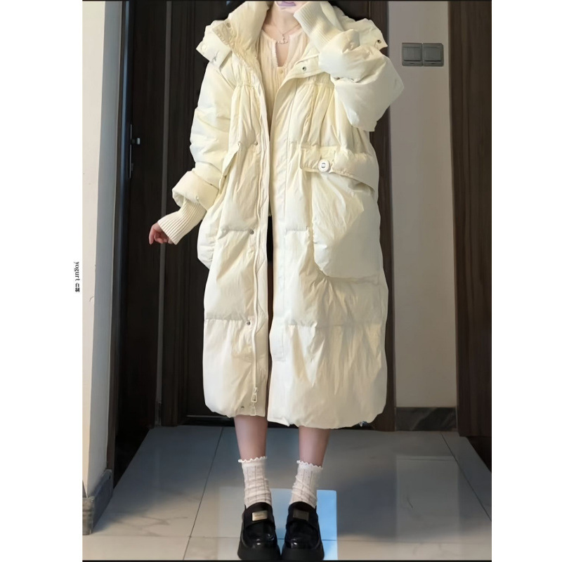 Korean Style Long Over-The-Knee Hooded Fashionable down Jacket for Women New Loose White Duck down Warm Thickened Jacket Winter White