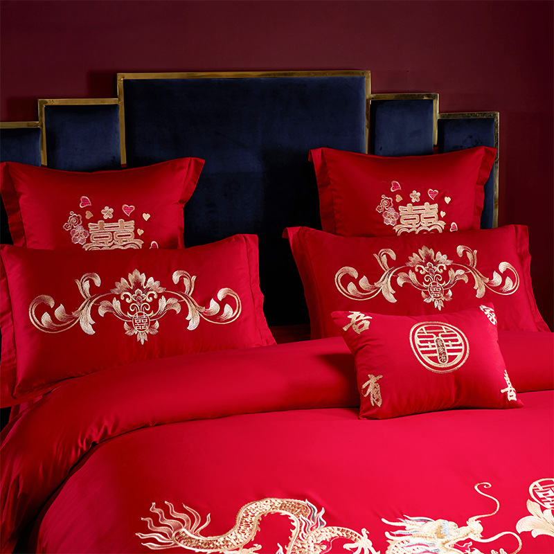 Dragon and Phoenix Embroidery Wedding Four-piece Set Big Red Wedding Multi-piece Set Wedding Bed Sheet Quilt Cover Wedding Bedding