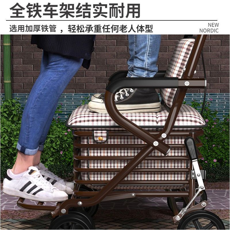 Elderly Folding Shopping Cart with Seat, Four-Wheel Portable Grocery Cart for Seniors