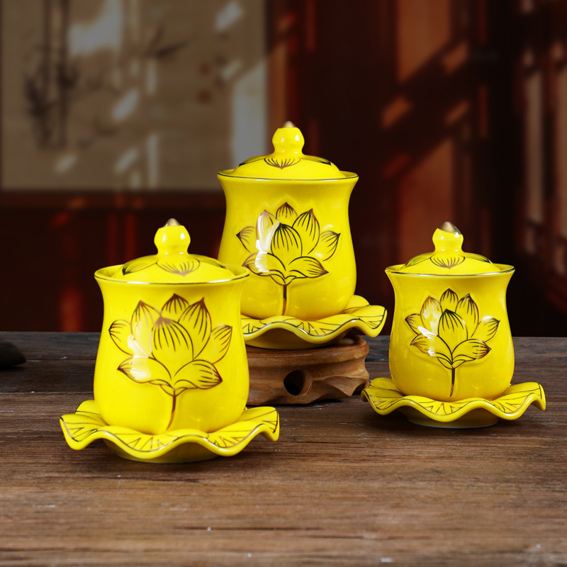 Buddha Hall Ornaments Gold Embossed Lotus Sacred Water Cup Water Supply Cup Guanyin Cup Ceramic Ornaments Buddha Supplies Cup