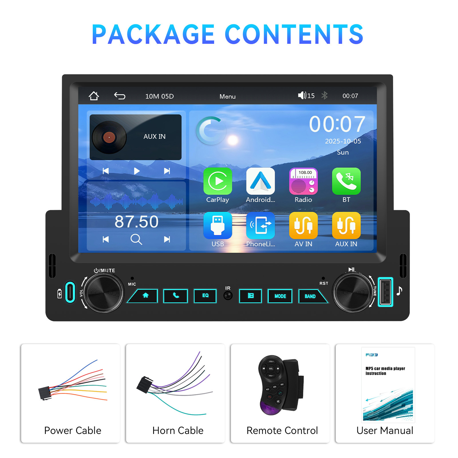7inch Single-Cylinder Neutral Wireless Carplay Bluetooth Car Mp5 Player Dual USB Car Central Control All-In-One Machine