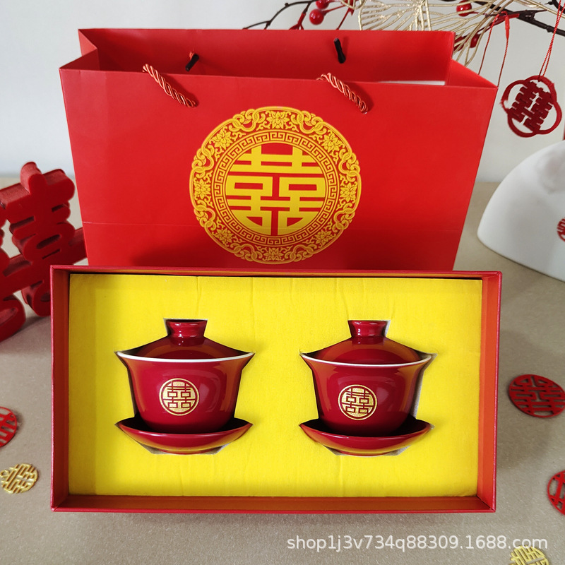 Newlywed Wedding Modified Carved Gilt Tea Cup Wedding Tea Cup Set Wine Red Carved High-end Tea Ceremony Bowl