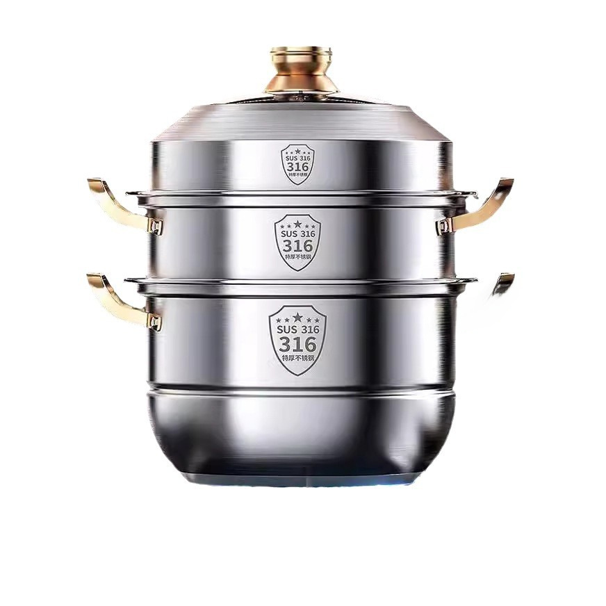 Steamer 316 Stainless Steel Household Food Grade 304 Thickeneded Soup Pot Steamed Buns Double Layer Three or Four Layers Induction Cooker Universal
