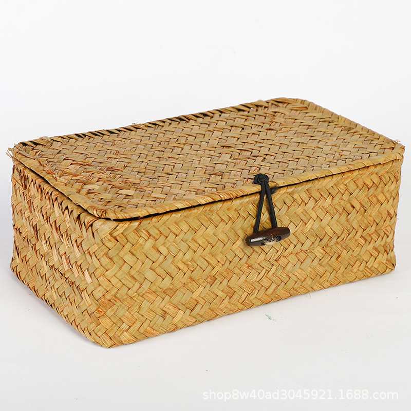 Handmade Straw Storage Basket Desktop Finishing Wedding Accompanying Gift Box Artistic Pastoral Household Supplies Storage Box with Lid