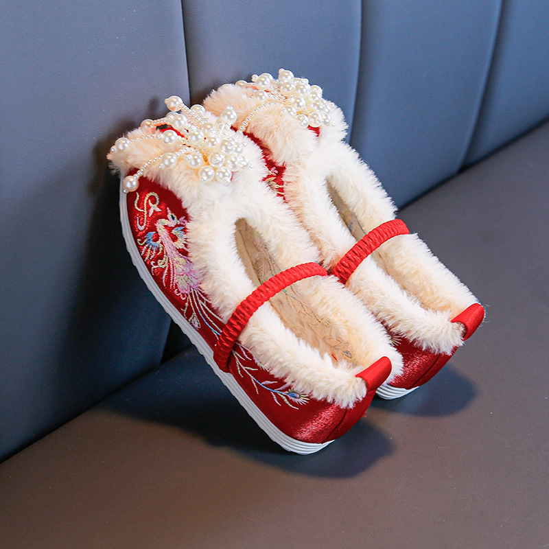 Hanfu shoes winter fleece-lined girls' boots new with horse-faced skirt children's shoes ancient costume national style cotton shoes children's embroidered shoes