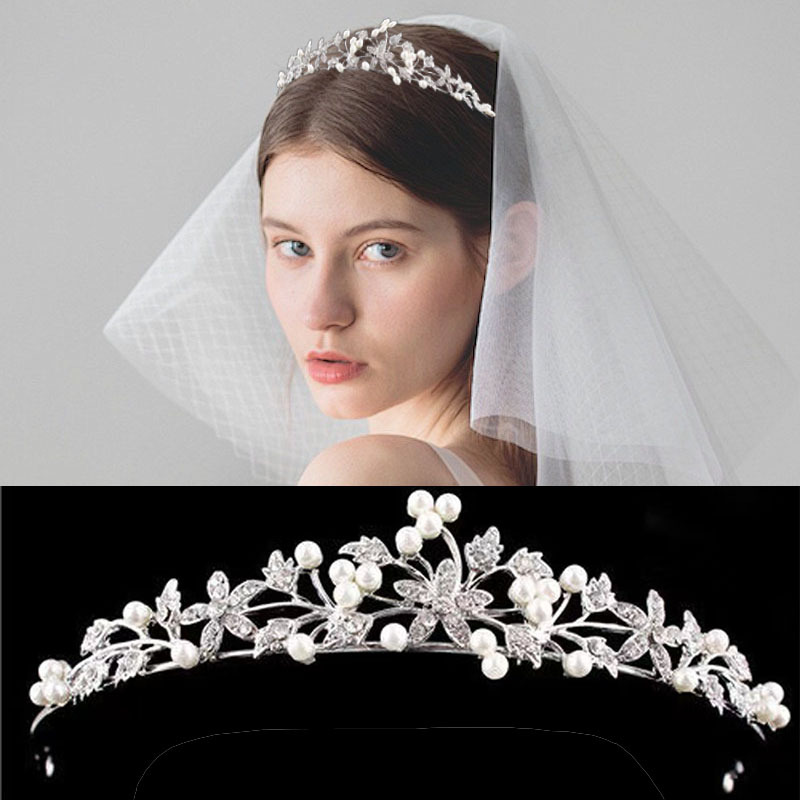 Cross-Border European and American Style Bridal Alloy Flower Pearl Crown Hair Crown Wedding Party Hair Crown Accessories Wholesale
