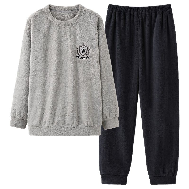 90kg Plus Size Pajamas for Men in Autumn and Winter, Thickened and Velvet-Lined, Long-Sleeved, Warm Pullover Home Wear Two-Piece Set