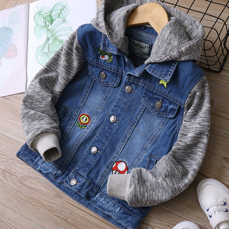 Cm-091 Cartoon Embroider Splicing Medium and Large Kidsren's Boys' Denim Jacket 2021 Spring New Kidsren's Clothing Kidsren's Jacket