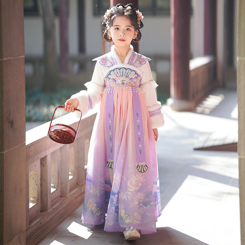 Hanfu Girls' Winter Outfit with Fleece, Chinese Style Ancient Princess Dress, Children's Autumn and Winter Thickened Ancient Style Tang Suit Dress
